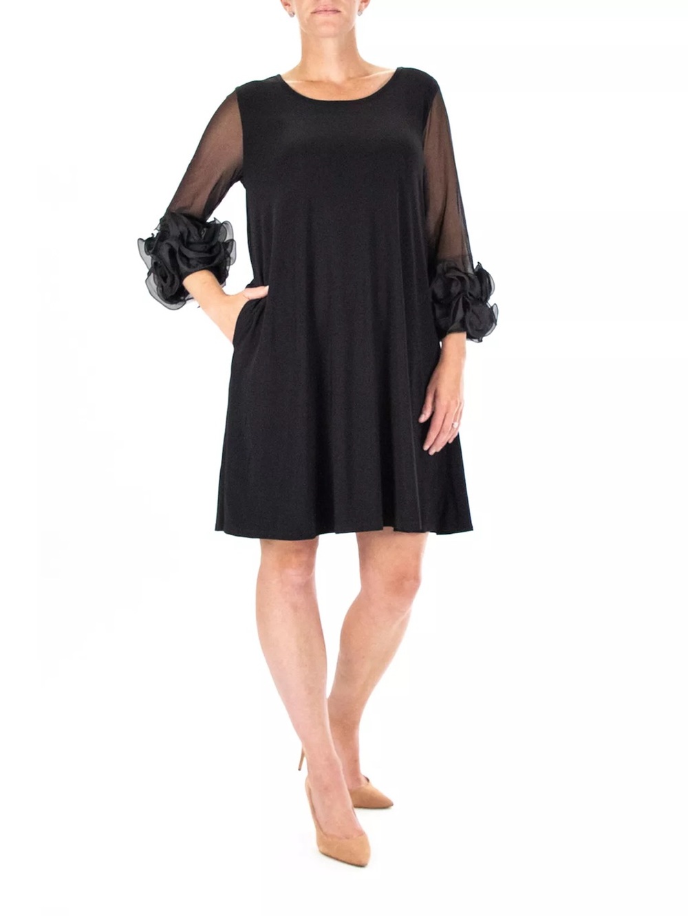 Nina Leonard Black Mini Dress with Sheer Sleeves and Ruffle Cuffs